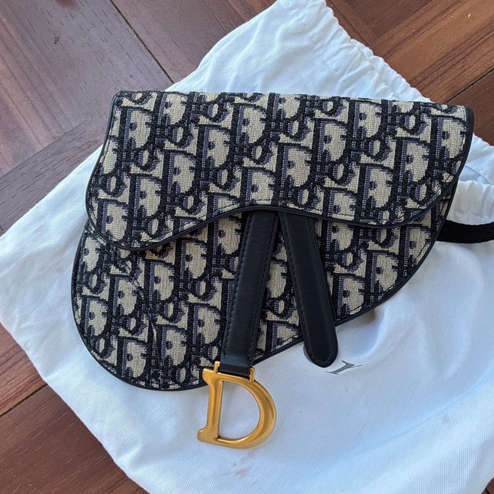 Dior Monogram Black and Gold Saddle Bag